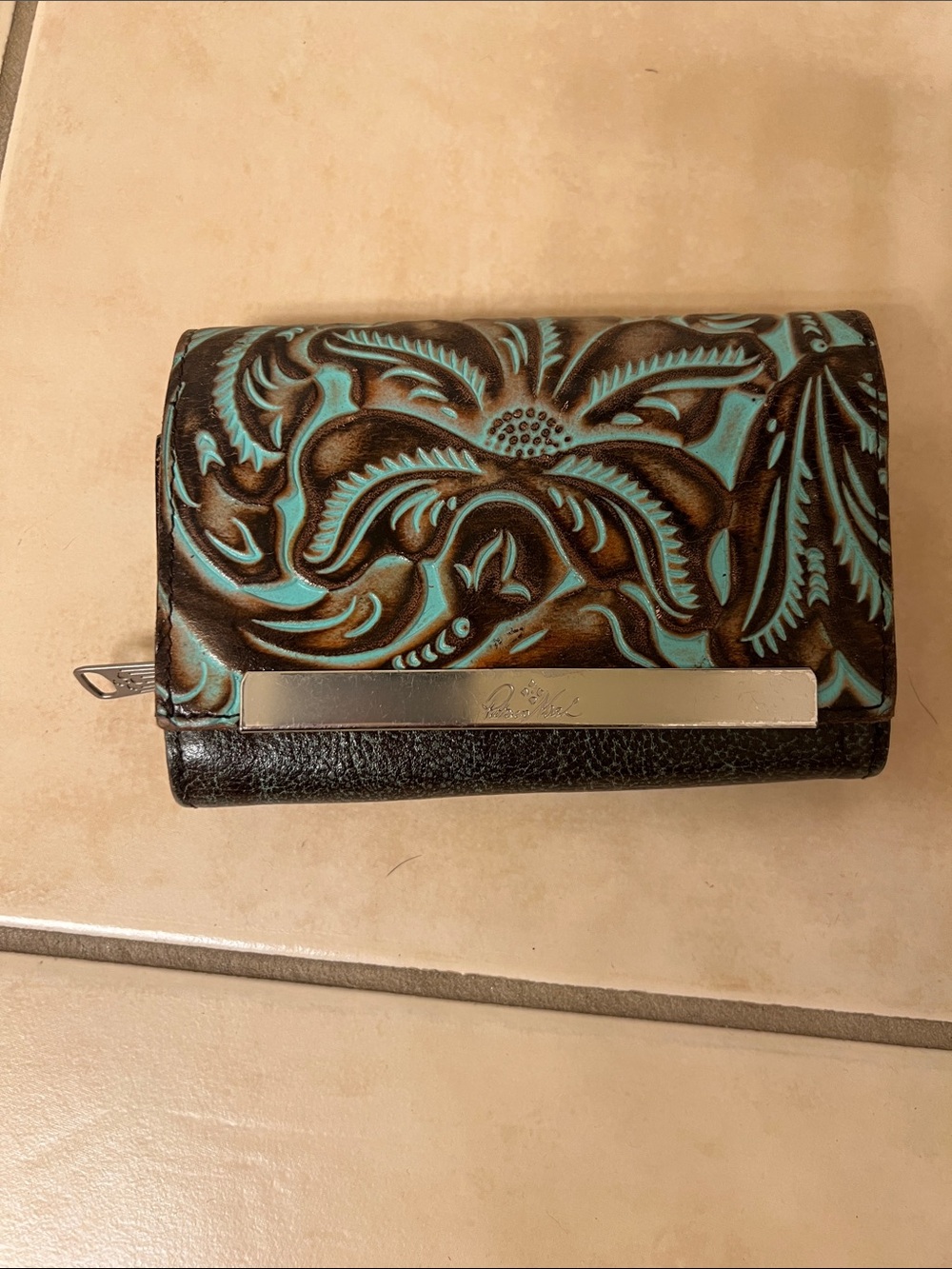 Turquoise and Brown Tooled Leather Wallet
